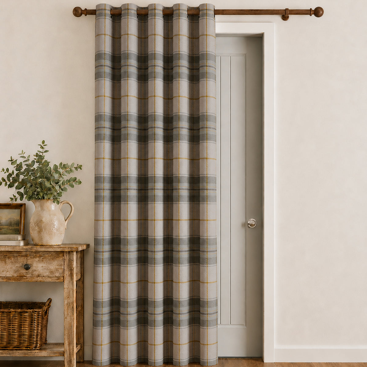Catherine Lansfield Brushed Woven Glencoe Check Eyelet Curtains - Green