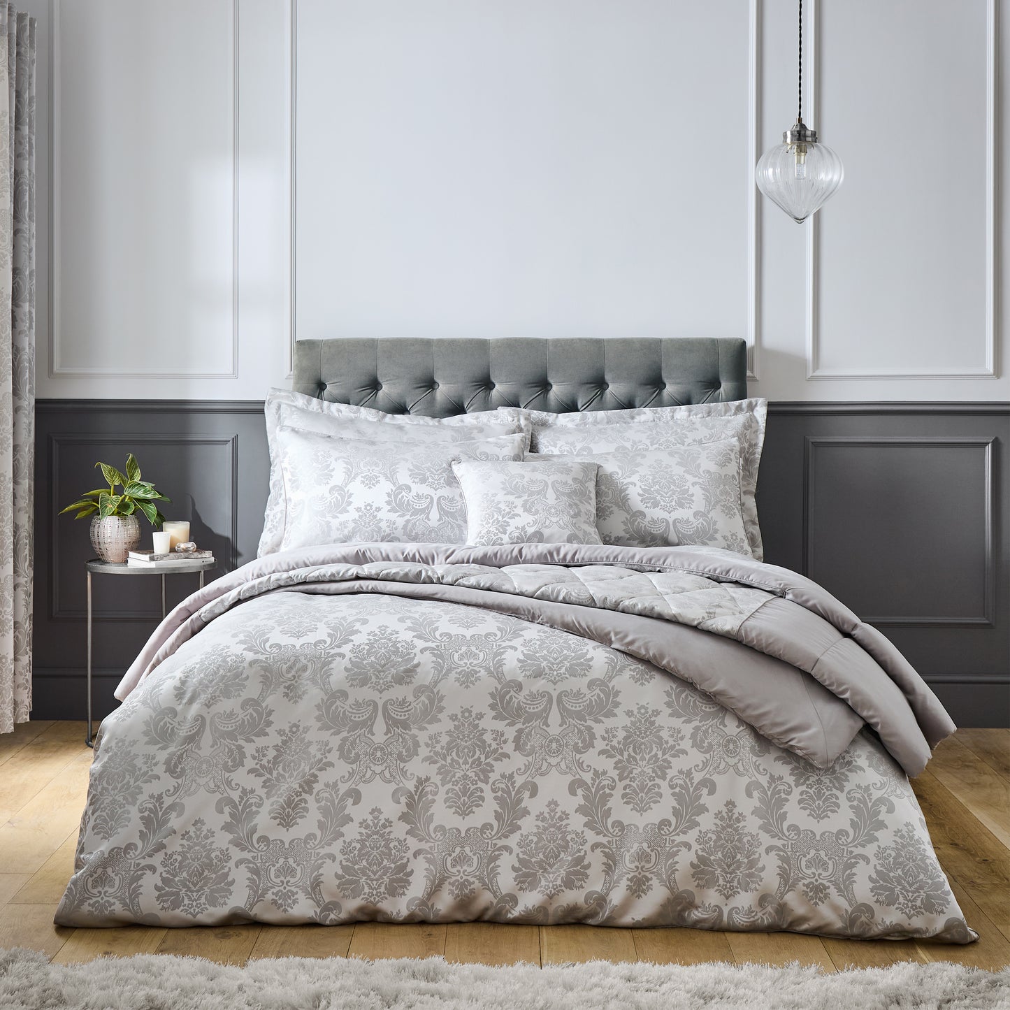 Catherine Lansfield Damask Jacquard Bedspread - Silver