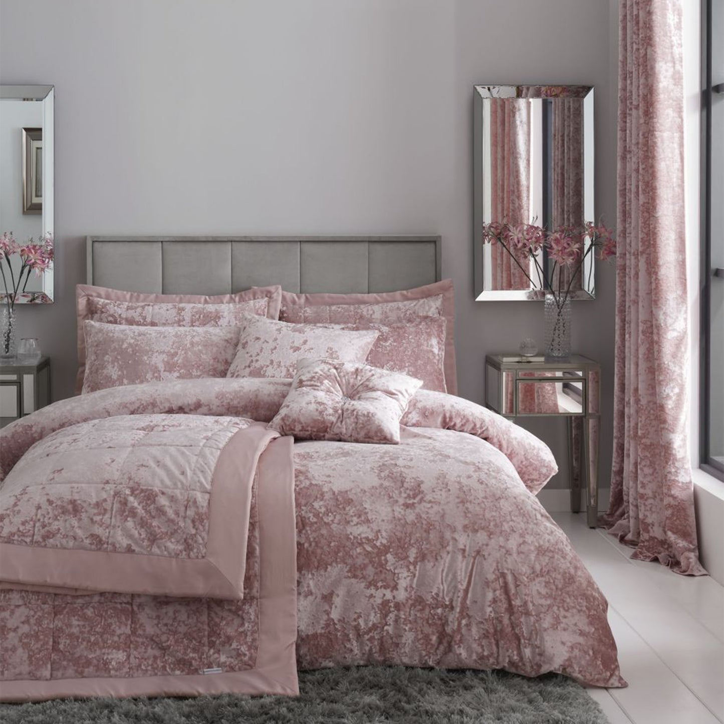 Catherine Lansfield Crushed Velvet Bedspread - Blush