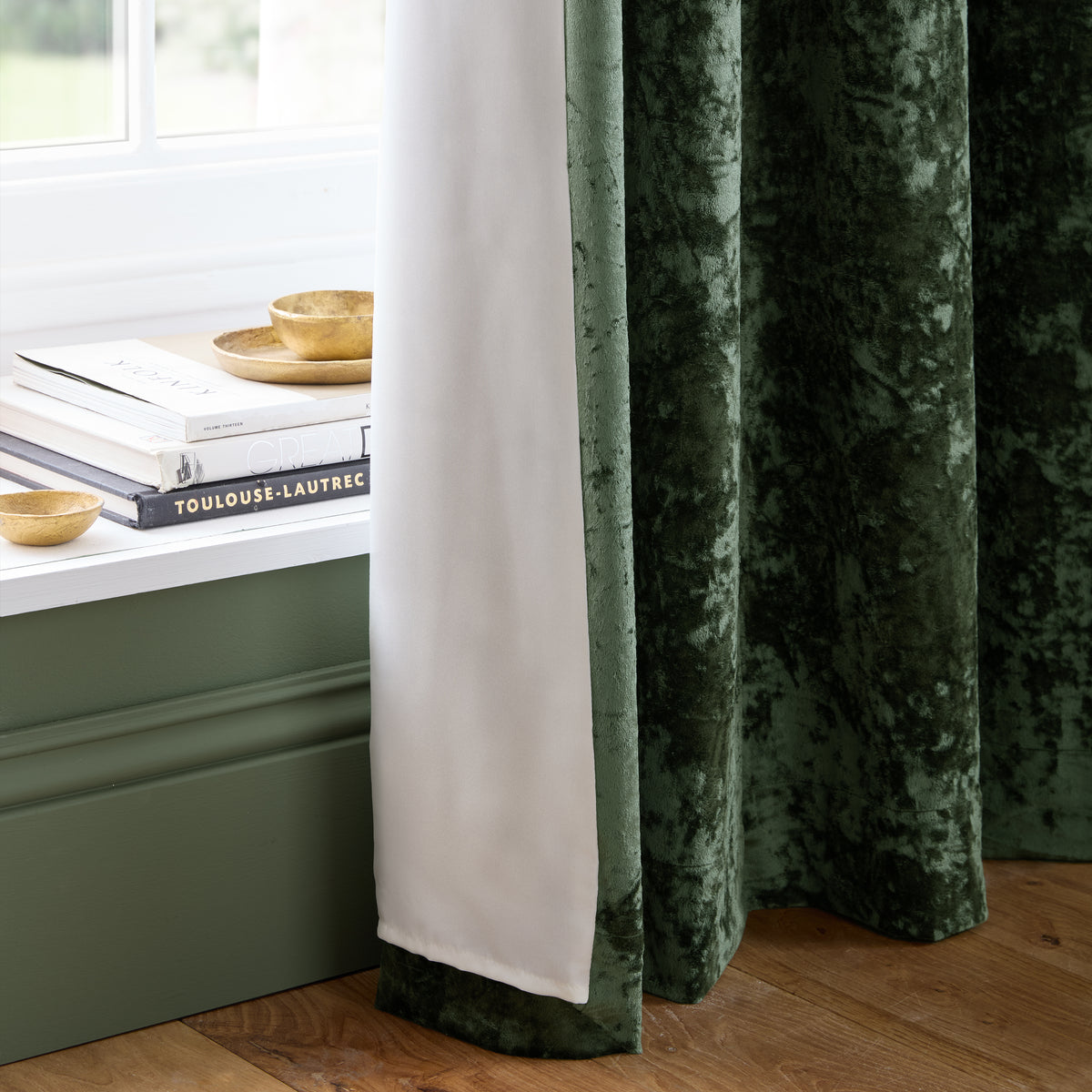 Catherine Lansfield Crushed Velvet Eyelet Curtains - Olive