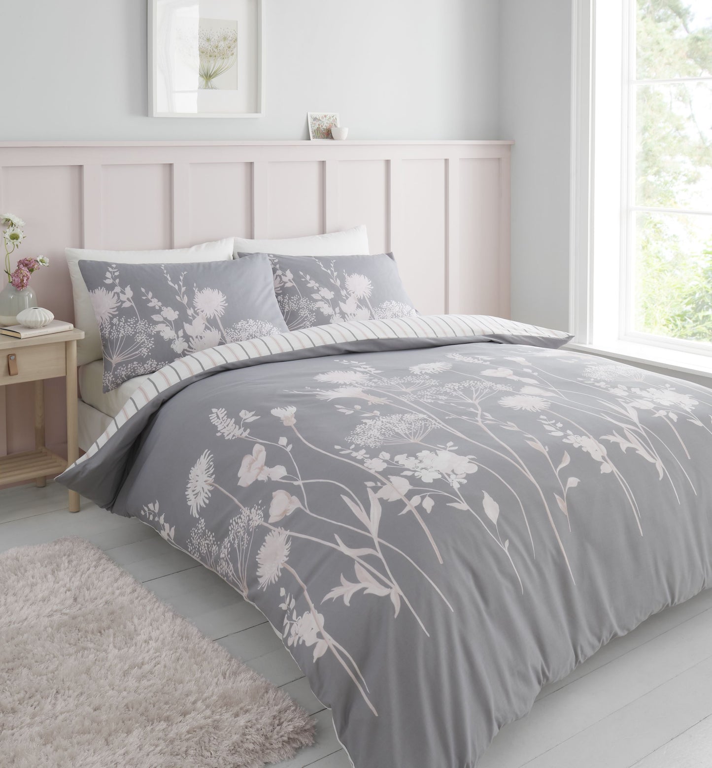Catherine Lansfield Meadowsweet Floral Duvet Cover Set - Pink/Grey