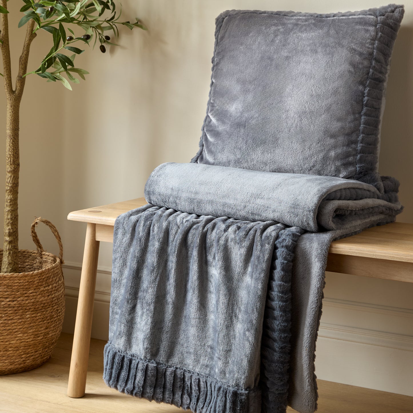Catherine Lansfield Velvet And Faux Fur Filled Cushion - Charcoal