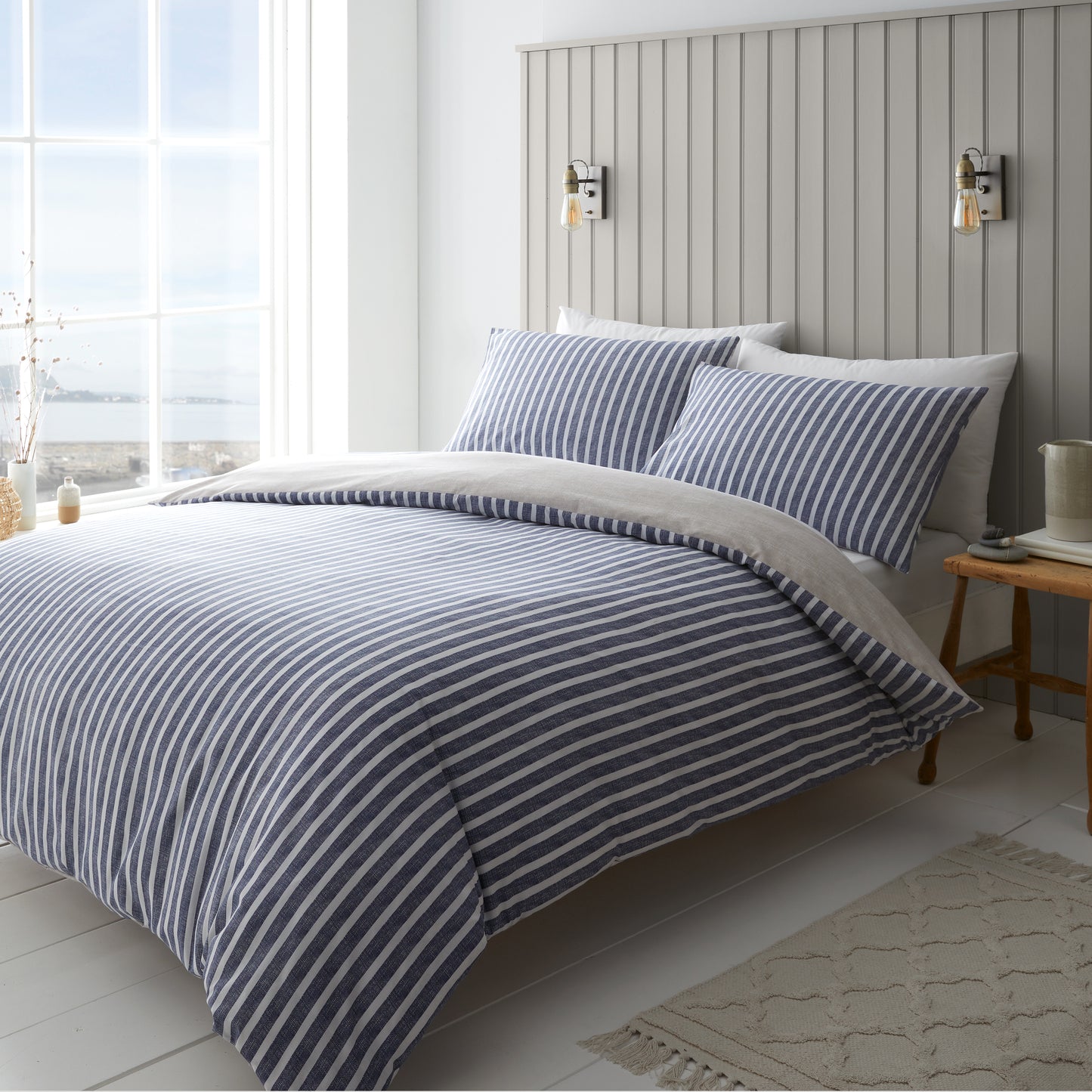 Catherine Lansfield Textured Banded Stripe Duvet Cover Set - Blue