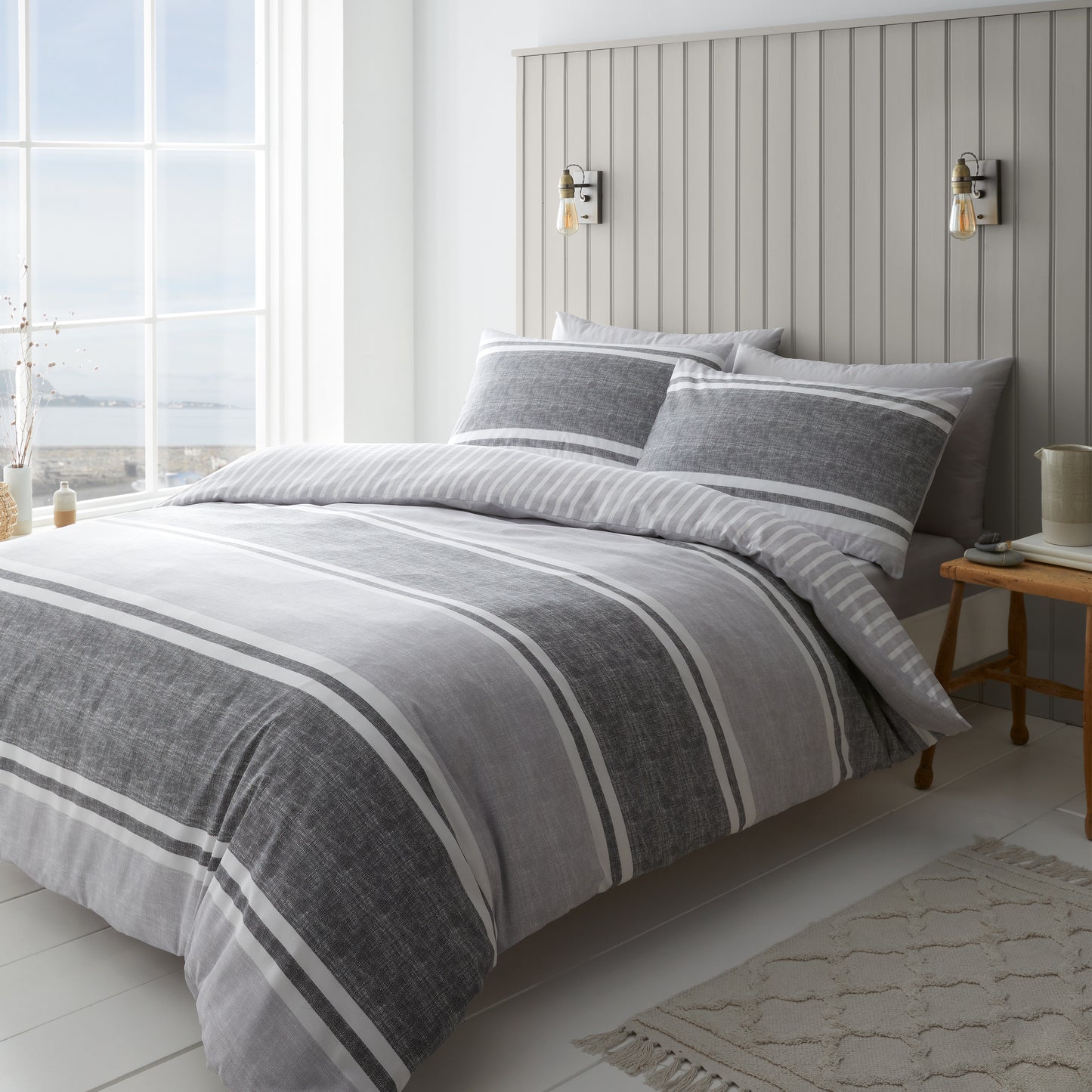 Catherine Lansfield Textured Banded Stripe Duvet Cover Set - Charcoal