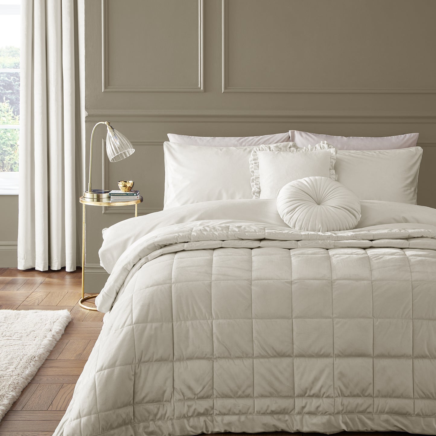 Catherine Lansfield Kingsley Matt Velvet Bedspread - Cream