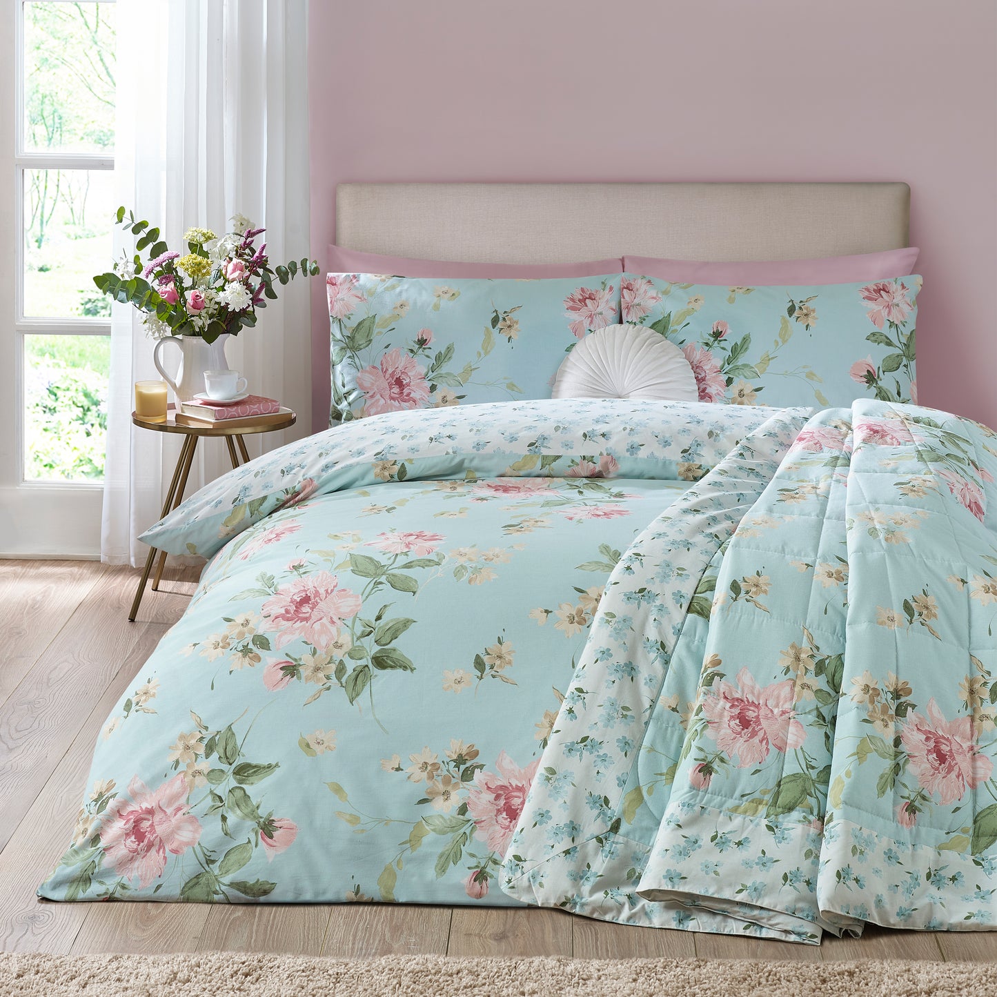 Catherine Lansfield Avebury Floral Bedspread - Duck Egg