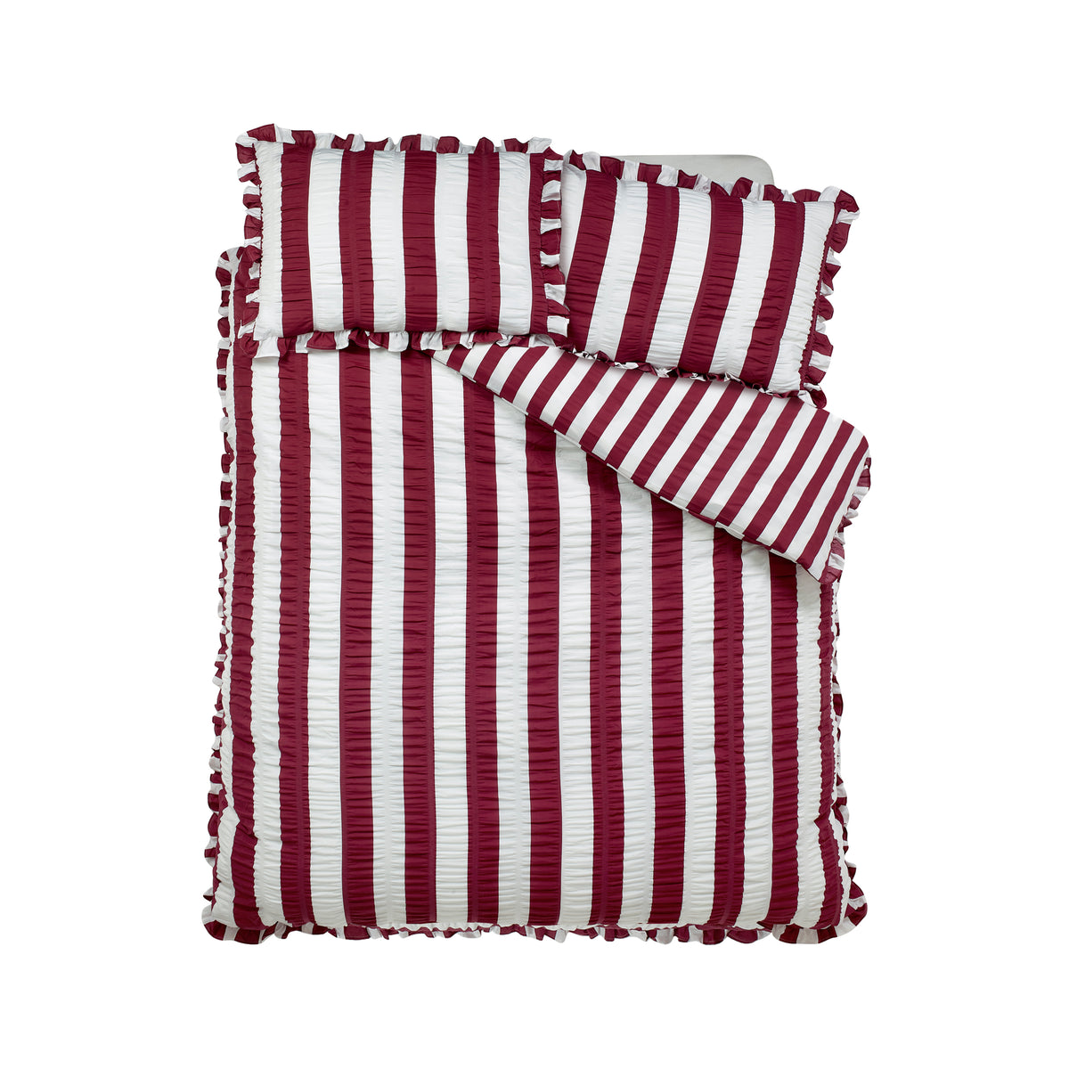 Catherine Lansfield Seersucker Frill Stripe Duvet Cover Set - Plum