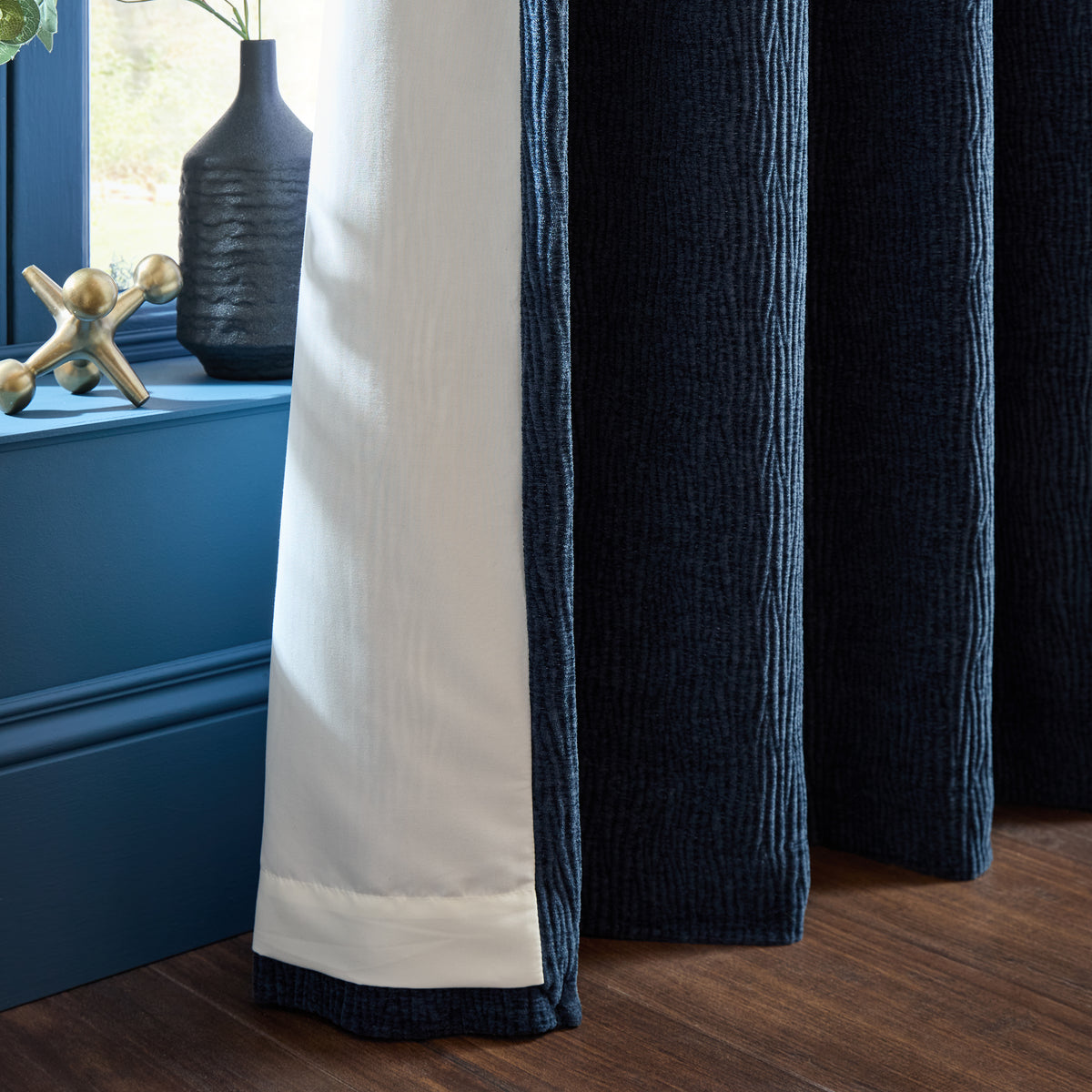 Catherine Lansfield Crinkle Chenille Eyelet Curtains - Blue