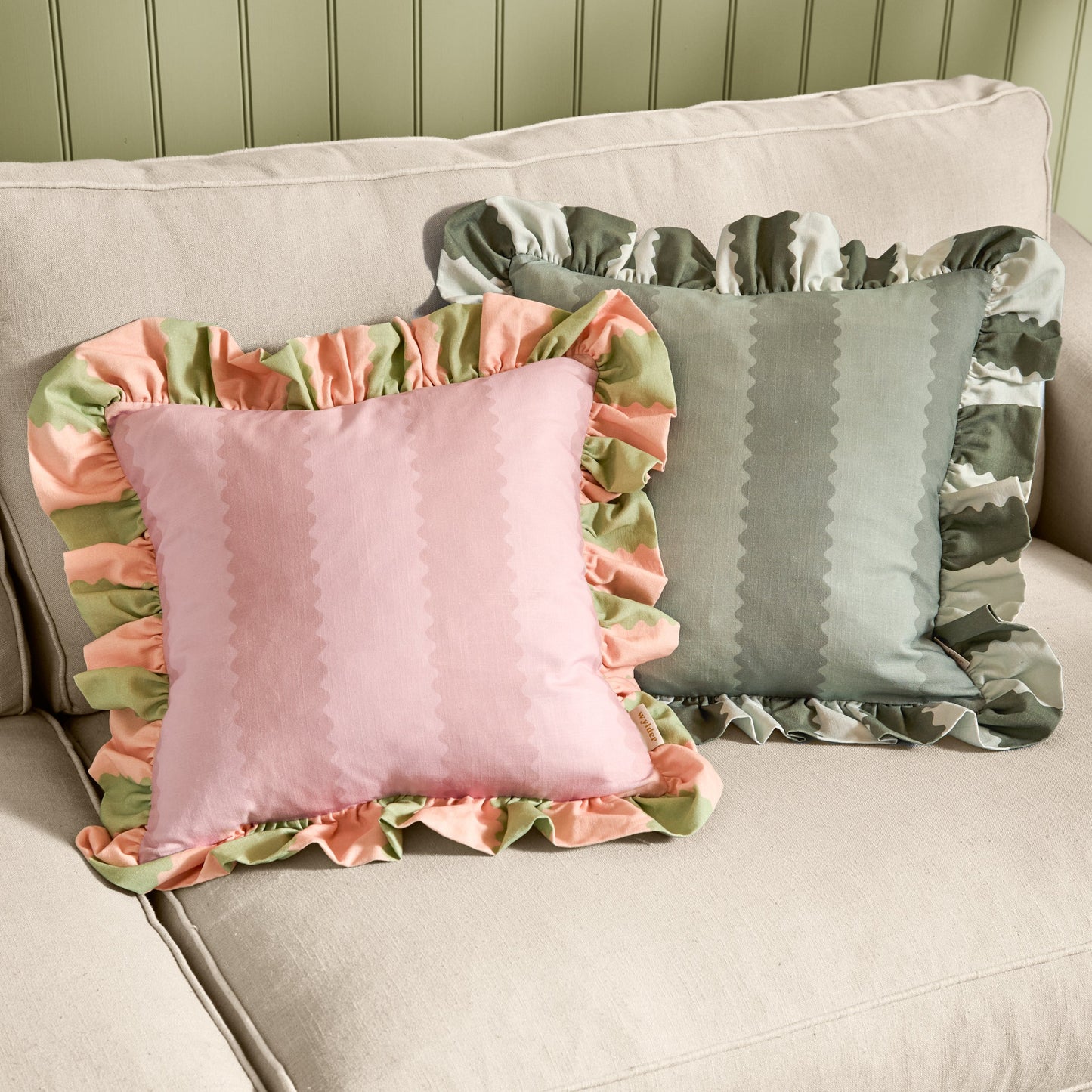 Furn Birdie Stripe Ruffle Cushion - Pink/Green