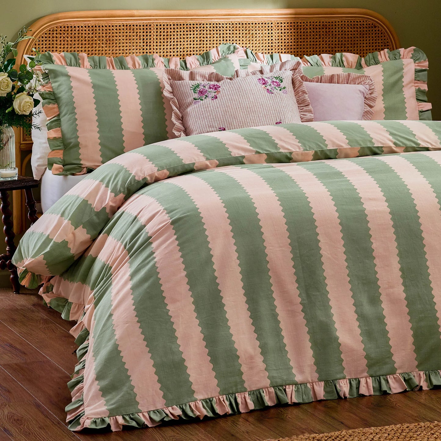 Wylder Birdie Stripe Duvet Cover Set - Pink/Green