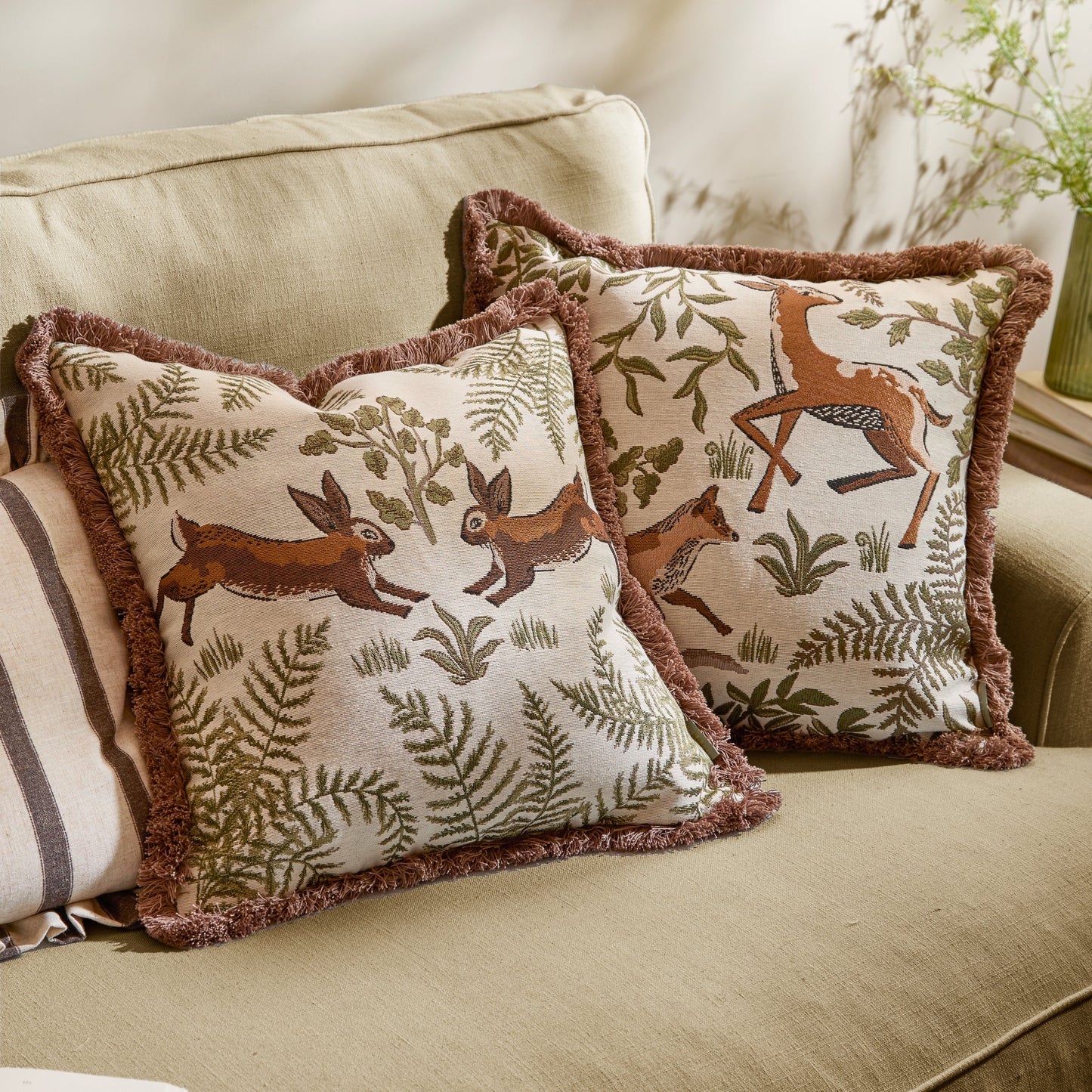 Wylder Fable Fox and Deer Embroidered Cushion - Willow Green