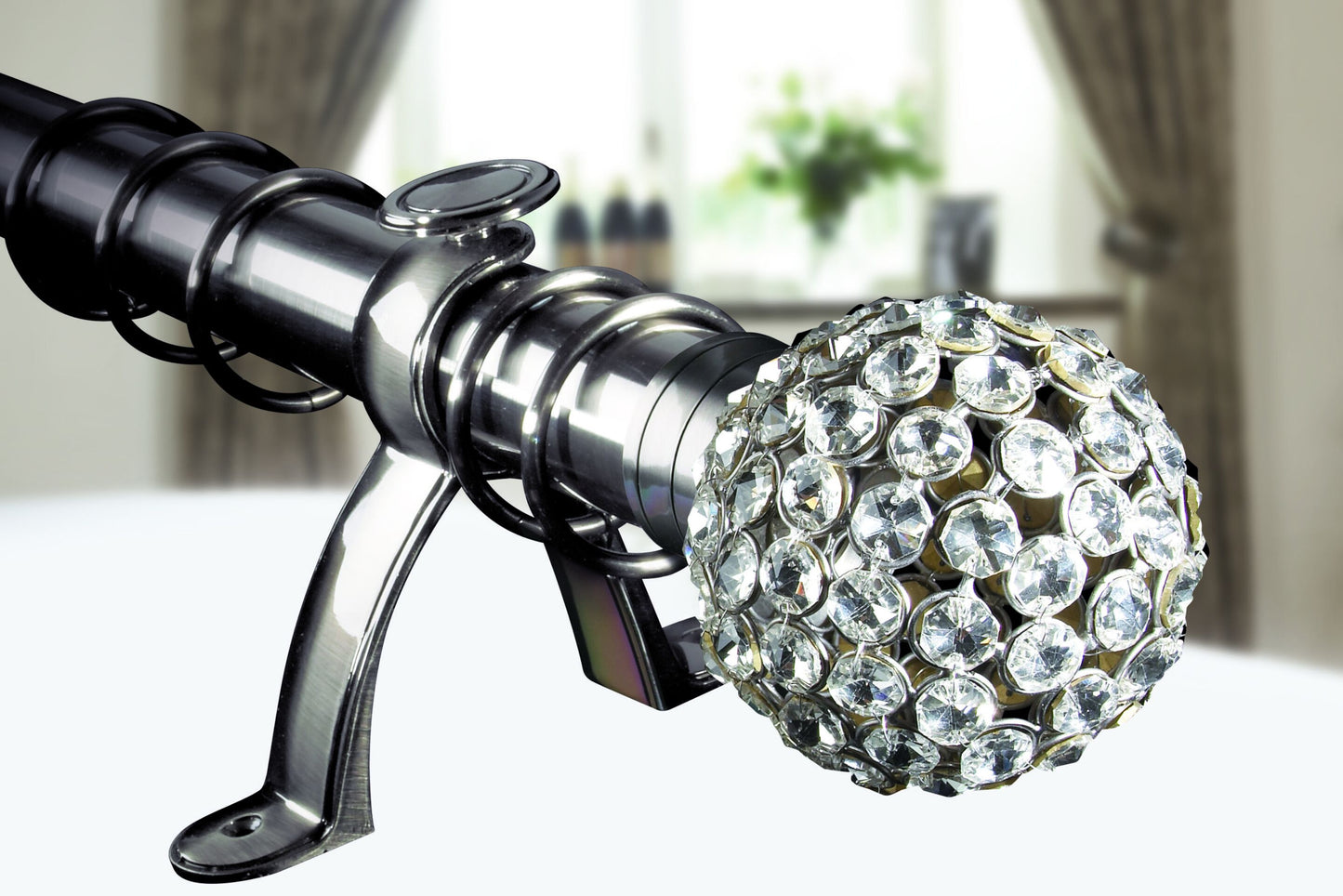 Hallis Galleria Clear Jewelled Cage 50mm Metal Curtain Pole - Brushed Silver