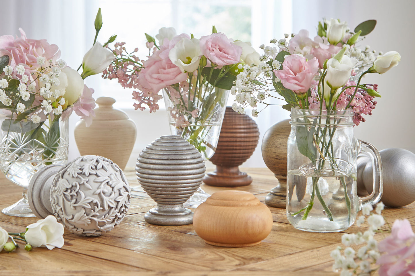 Hallis Modern Country Floral Ball 55mm Wooden Curtain Pole Finial - Satin Silver