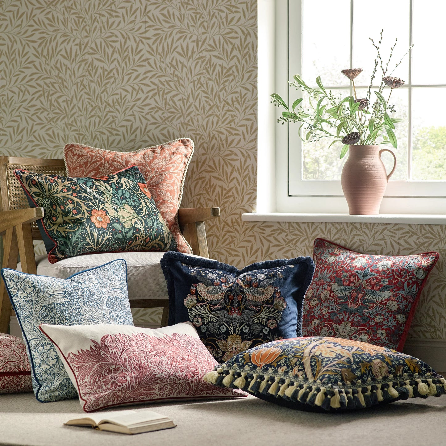 Morris & Co Strawberry Thief Embroidered Velvet Cushion - Indigo