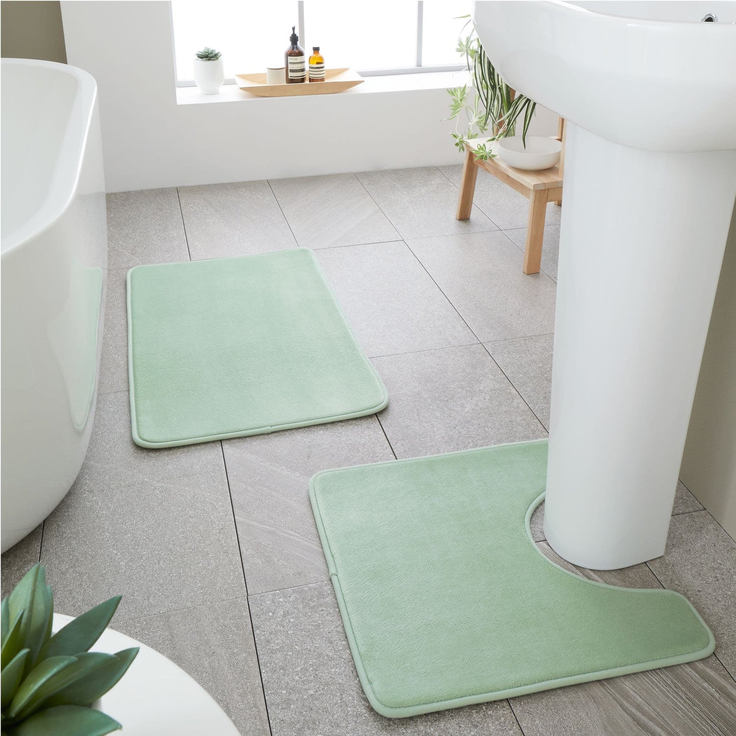 Catherine Lansfield Anti-Bacterial Memory Foam Bath Mat and Pedestal Set - Sage Green