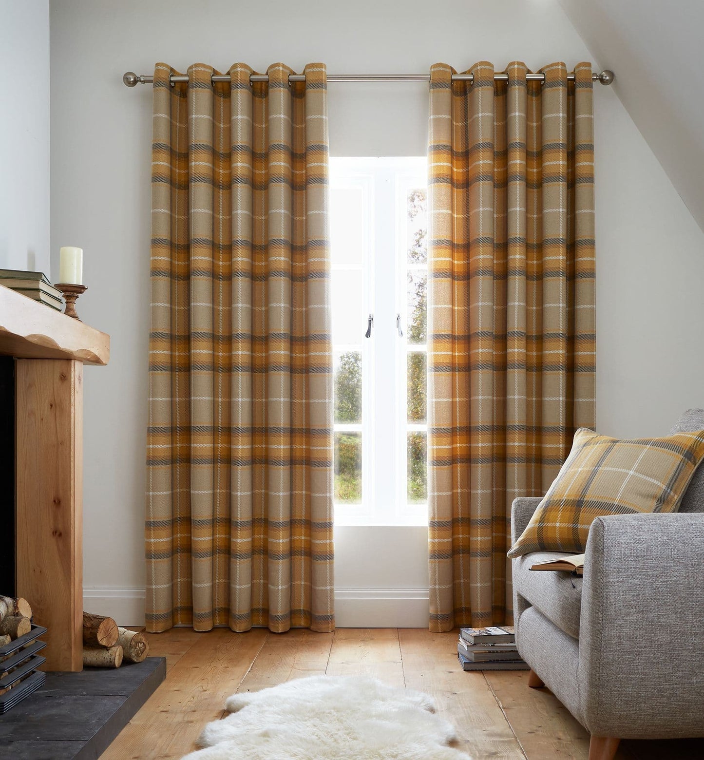 Catherine Lansfield Brushed Heritage Check Eyelet Curtains - Ochre