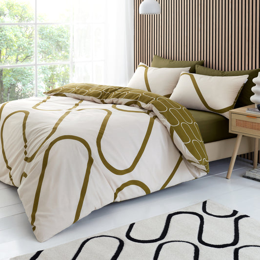 Catherine Lansfield Linear Curve Geometric Duvet Cover Set - Olive