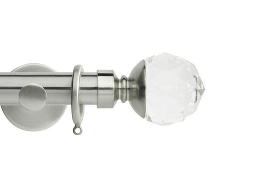 Hallis Neo Premium Clear Faceted Ball 28mm Metal Curtain Pole (Cylinder Brackets) - Stainless Steel