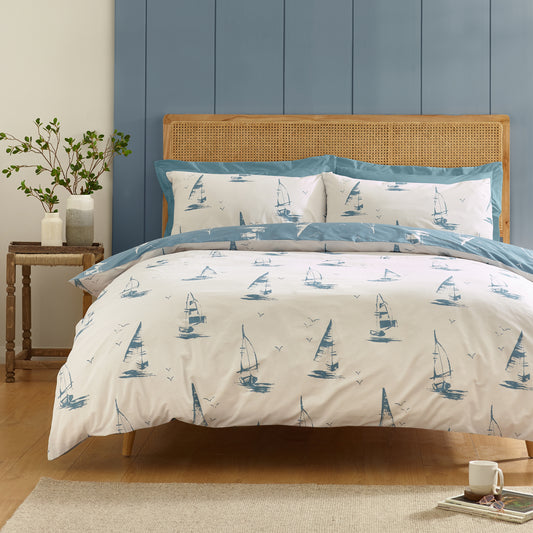 Catherine Lansfield Salcombe Boats Duvet Cover Set - Soft Blue
