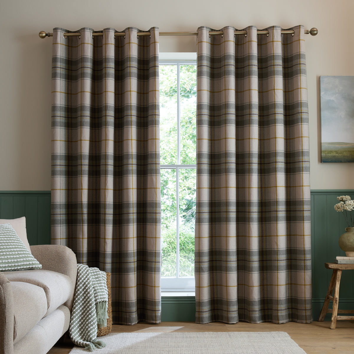Catherine Lansfield Brushed Woven Glencoe Check Eyelet Curtains - Green