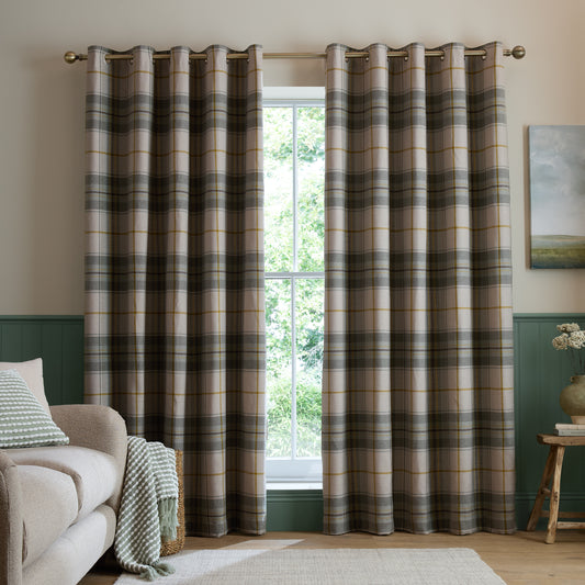 Catherine Lansfield Brushed Woven Glencoe Check Eyelet Curtains - Green
