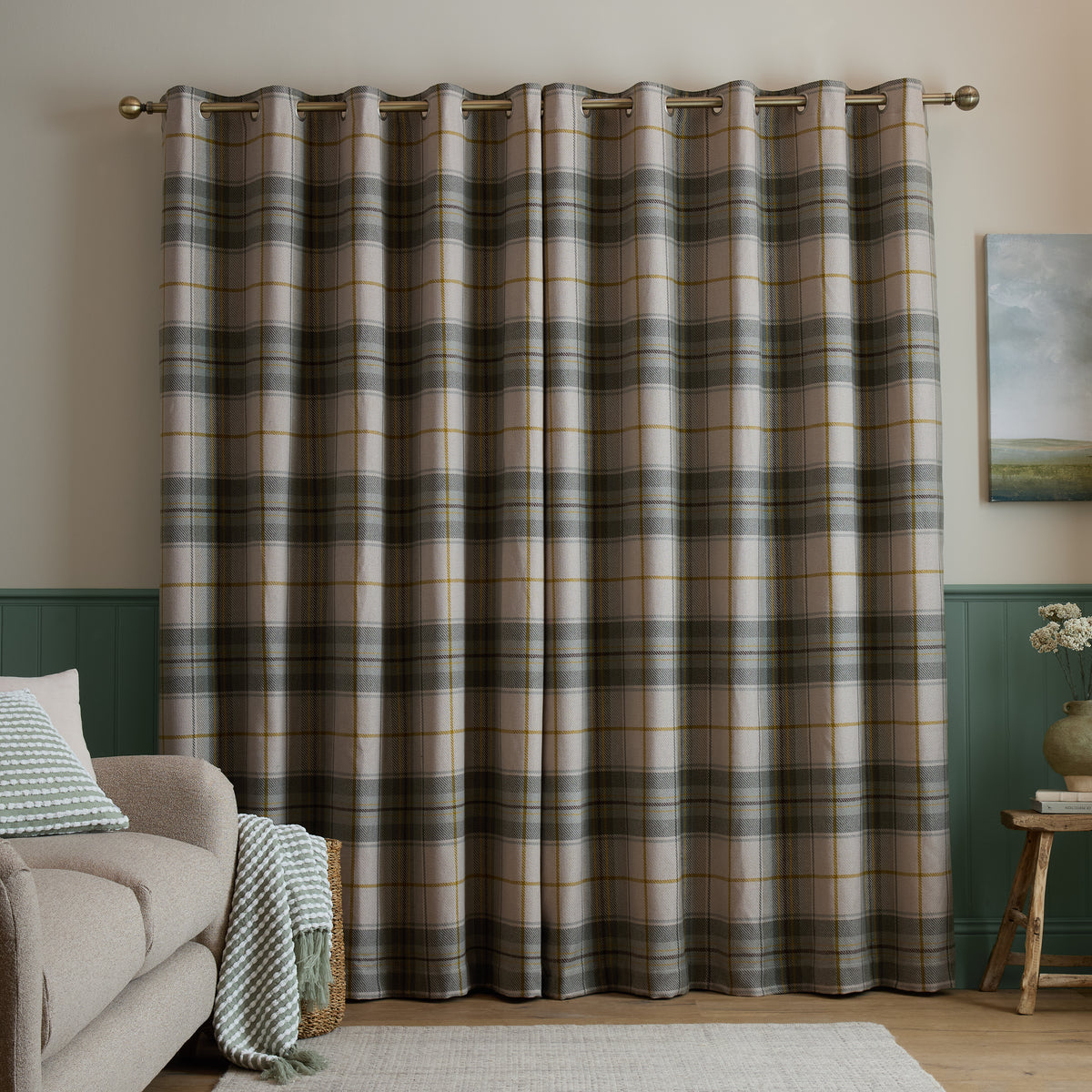 Catherine Lansfield Brushed Woven Glencoe Check Eyelet Curtains - Green