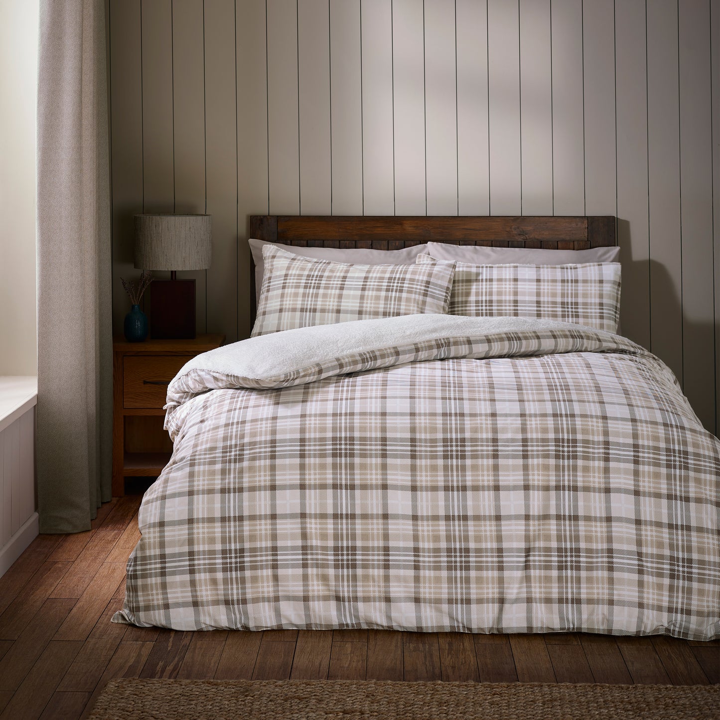 Catherine Lansfield Cosy Sherpa Check Duvet Cover Set - Natural