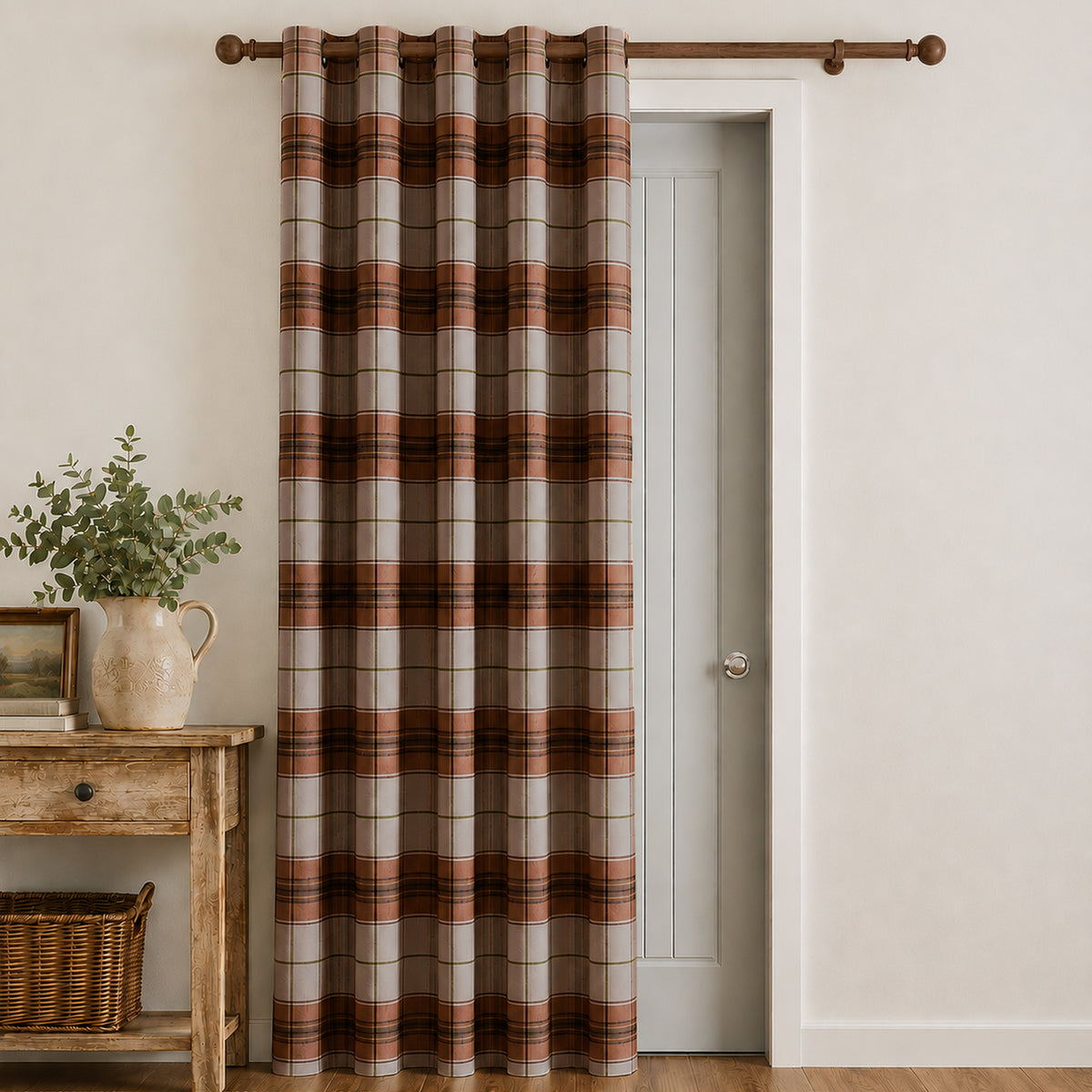 Catherine Lansfield Brushed Woven Glencoe Check Eyelet Curtains - Terracotta