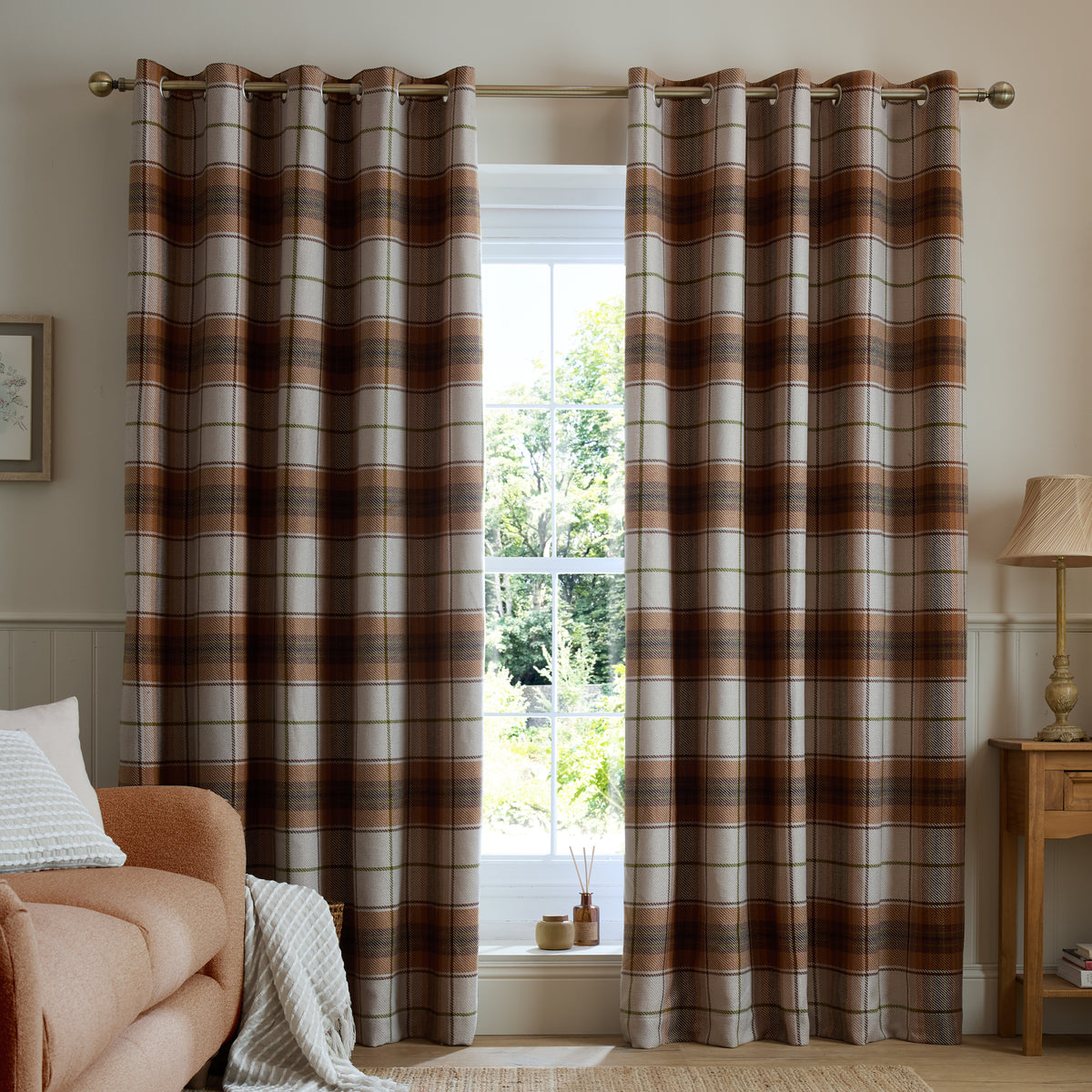 Catherine Lansfield Brushed Woven Glencoe Check Eyelet Curtains - Terracotta