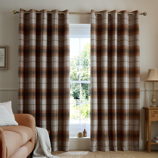 Catherine Lansfield Brushed Woven Glencoe Check Eyelet Curtains - Terracotta