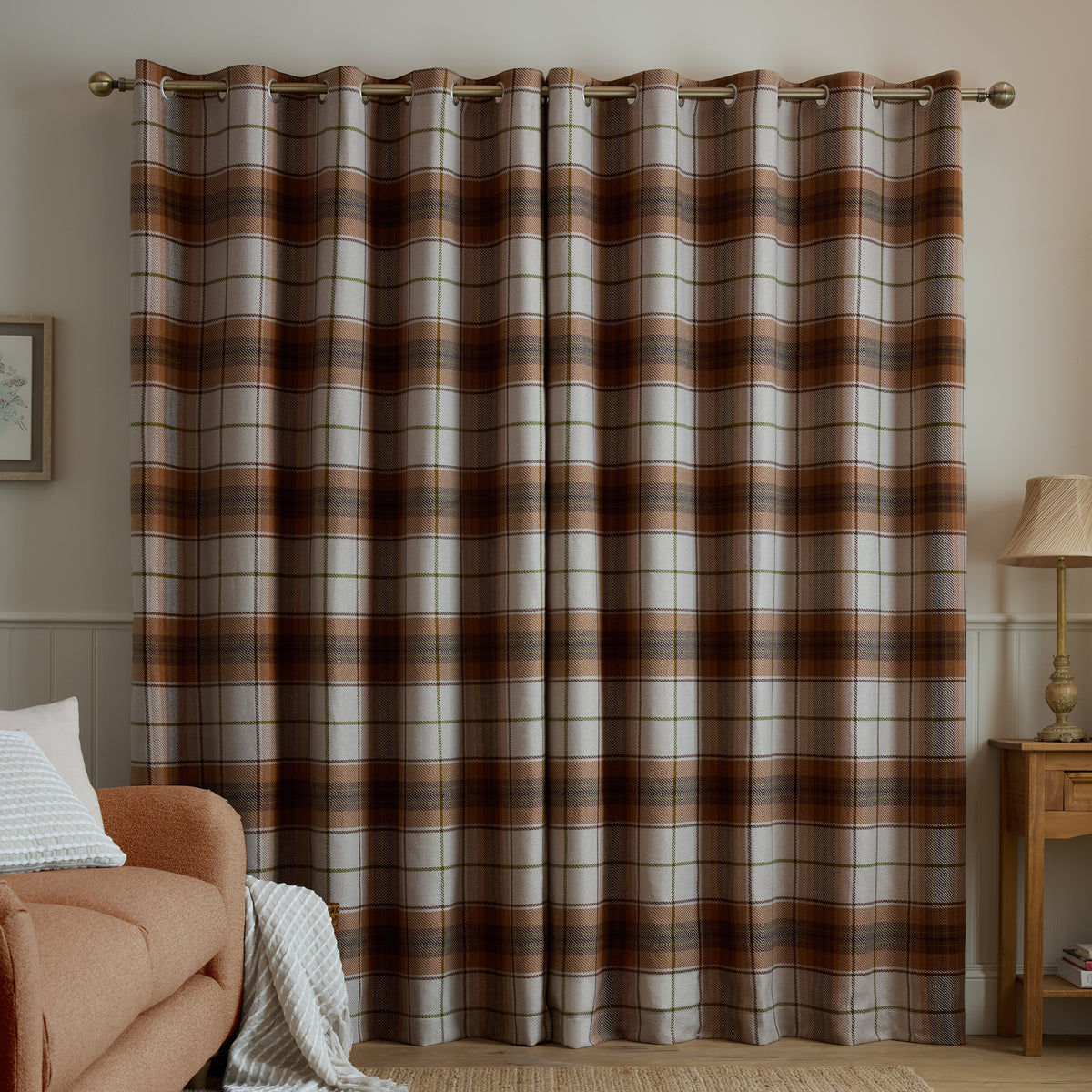Catherine Lansfield Brushed Woven Glencoe Check Eyelet Curtains - Terracotta