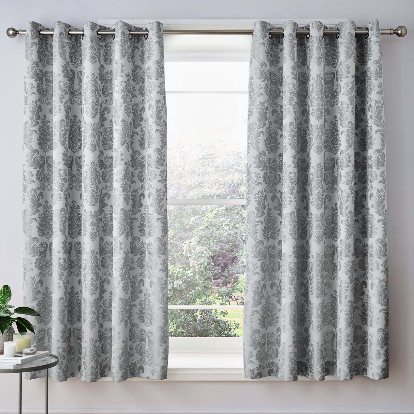 Catherine Lansfield Damask Jacquard Eyelet Curtains - Silver