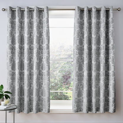 Catherine Lansfield Damask Jacquard Eyelet Curtains - Silver