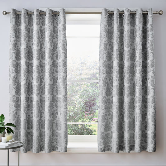 Catherine Lansfield Damask Jacquard Eyelet Curtains - Silver