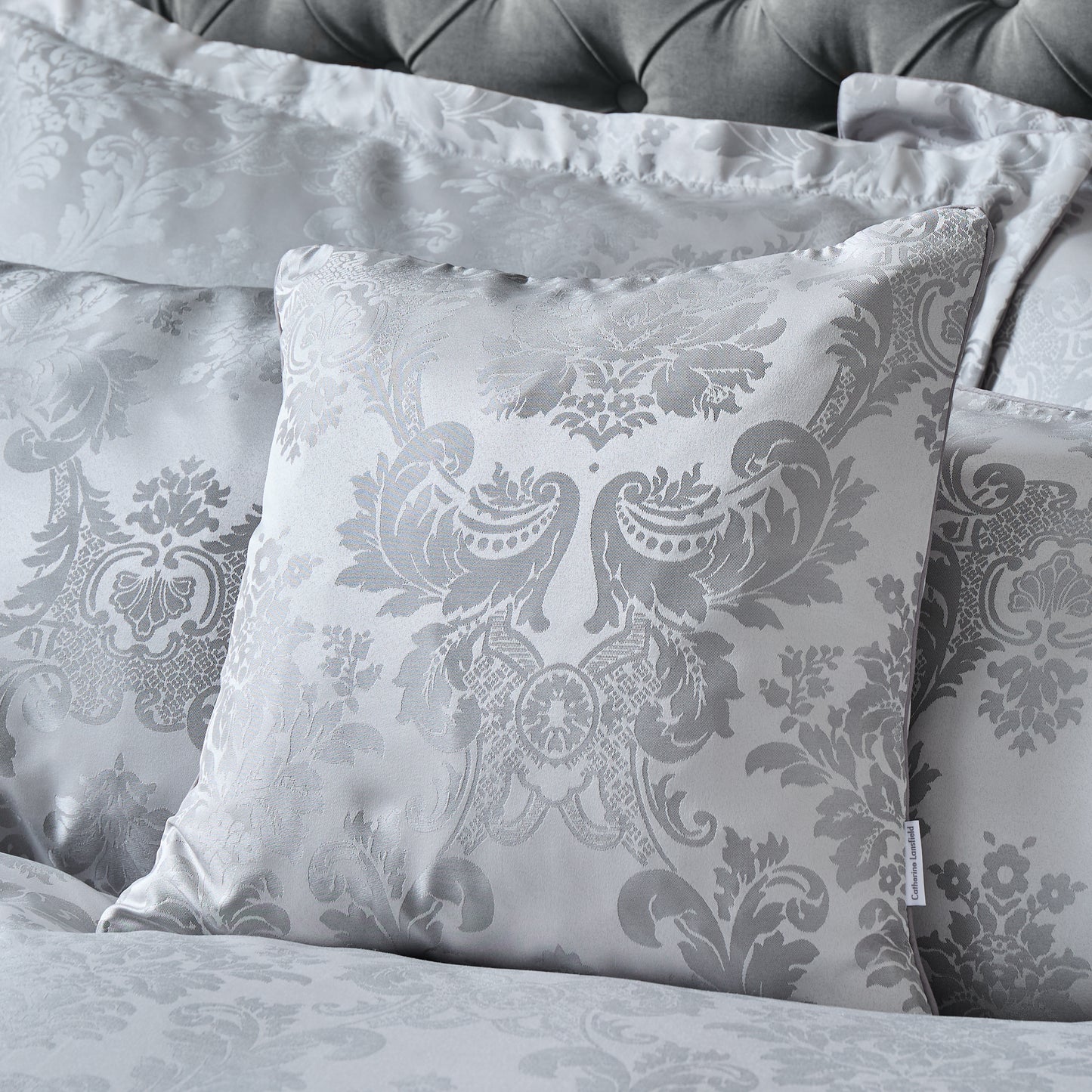Catherine Lansfield Damask Jacquard Filled Cushion - Silver