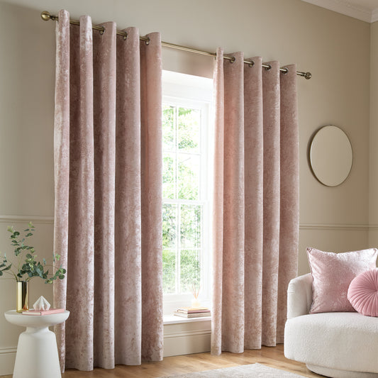 Catherine Lansfield Crushed Velvet Eyelet Curtains - Blush