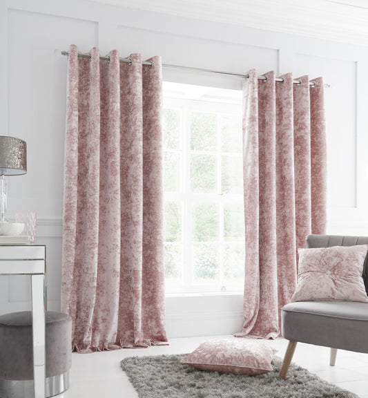 Catherine Lansfield Crushed Velvet Eyelet Curtains - Blush