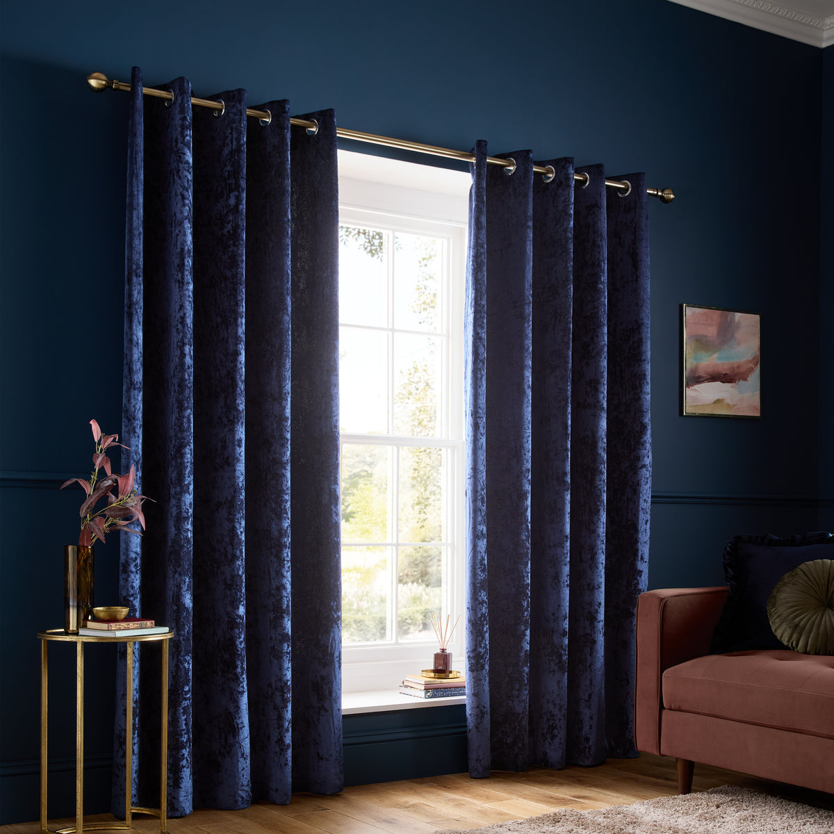 Catherine Lansfield Crushed Velvet Eyelet Curtains - Navy