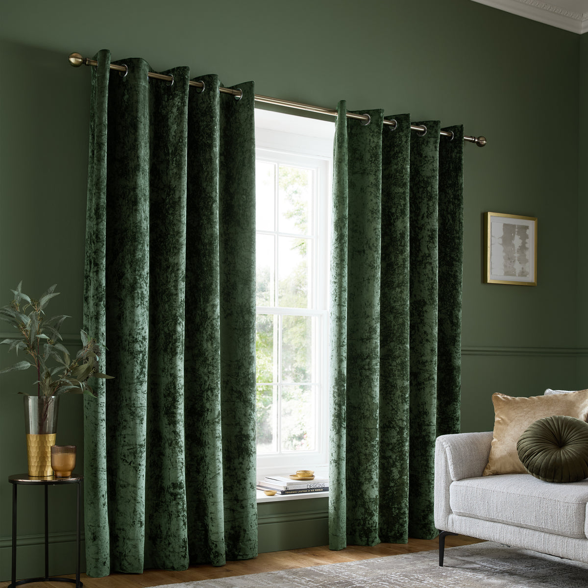 Catherine Lansfield Crushed Velvet Eyelet Curtains - Olive
