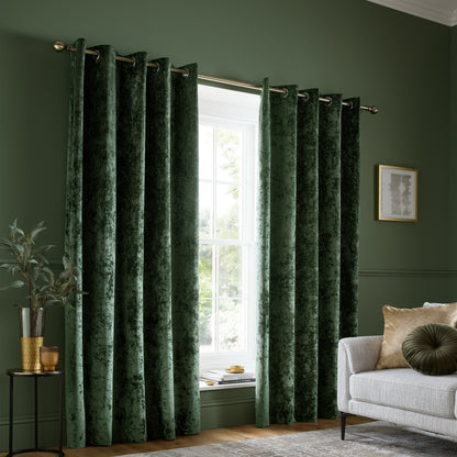 Catherine Lansfield Crushed Velvet Eyelet Curtains - Olive