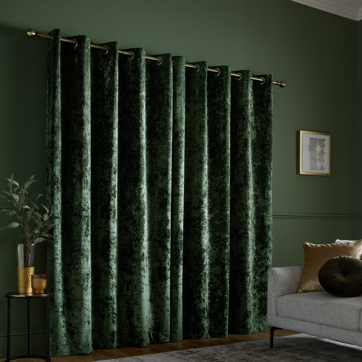 Catherine Lansfield Crushed Velvet Eyelet Curtains - Olive