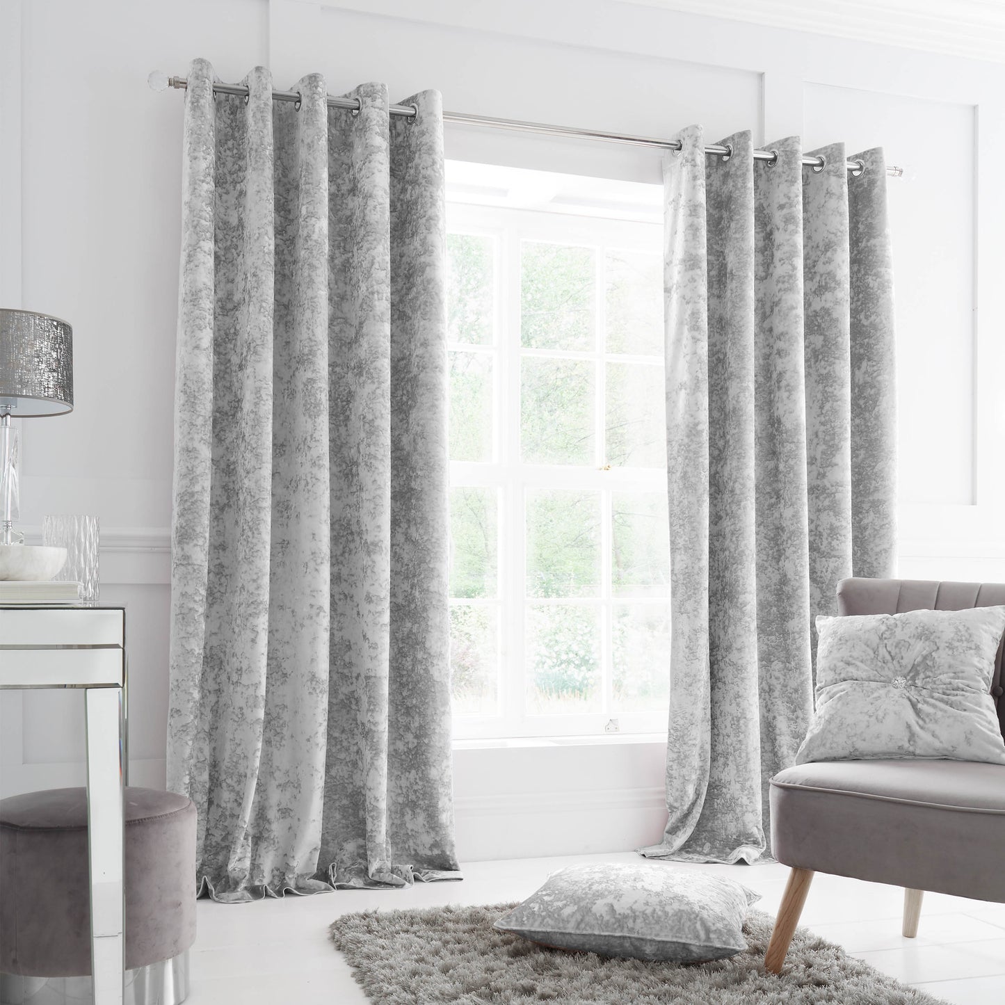 Catherine Lansfield Crushed Velvet Eyelet Curtains - Silver