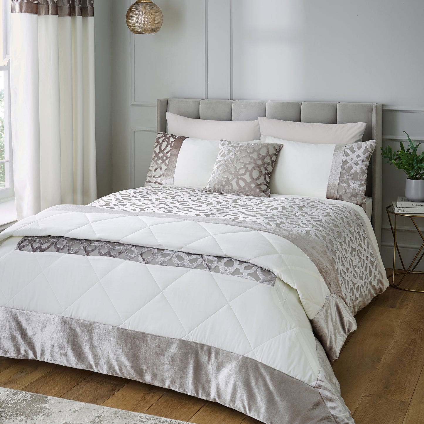 Catherine Lansfield Lattice Cut Velvet Bedspread - Natural