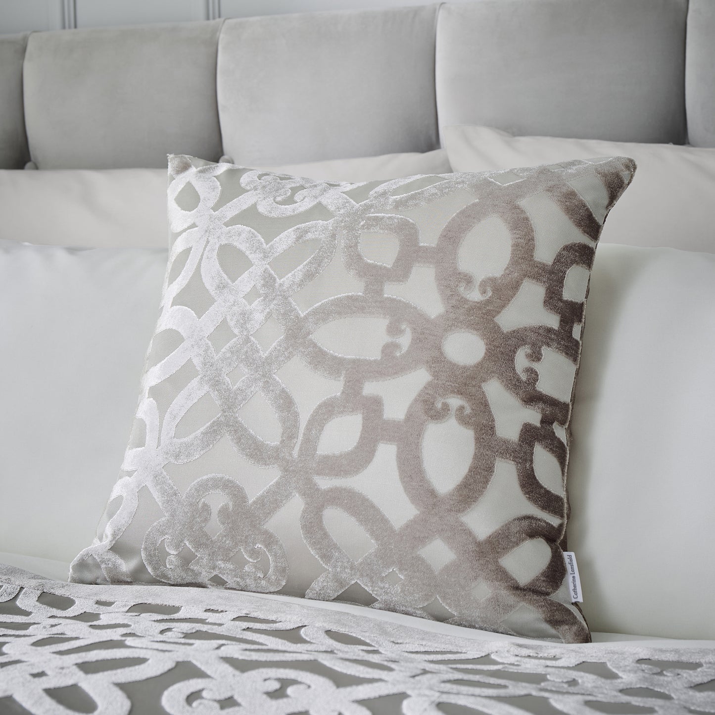 Catherine Lansfield Lattice Cut Velvet Filled Cushion - Natural