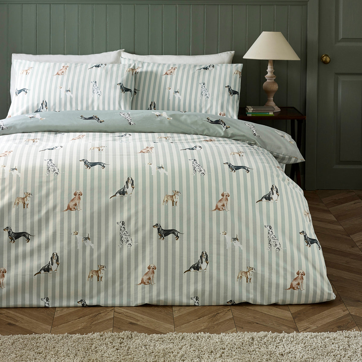 Catherine Lansfield Dog Stripe Duvet Cover Set - Green