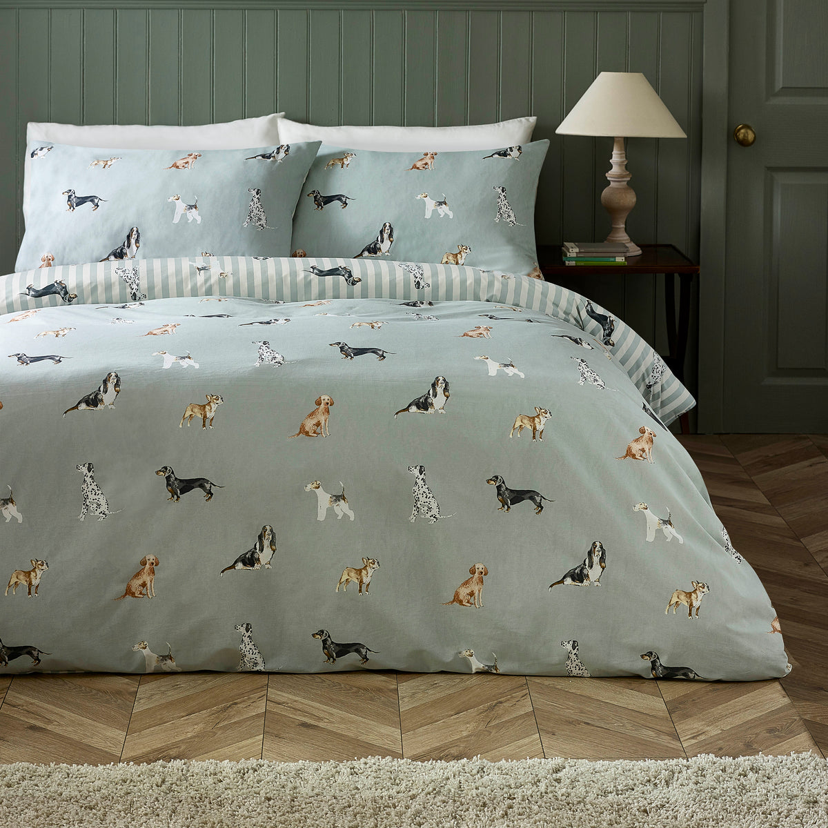 Catherine Lansfield Dog Stripe Duvet Cover Set - Green