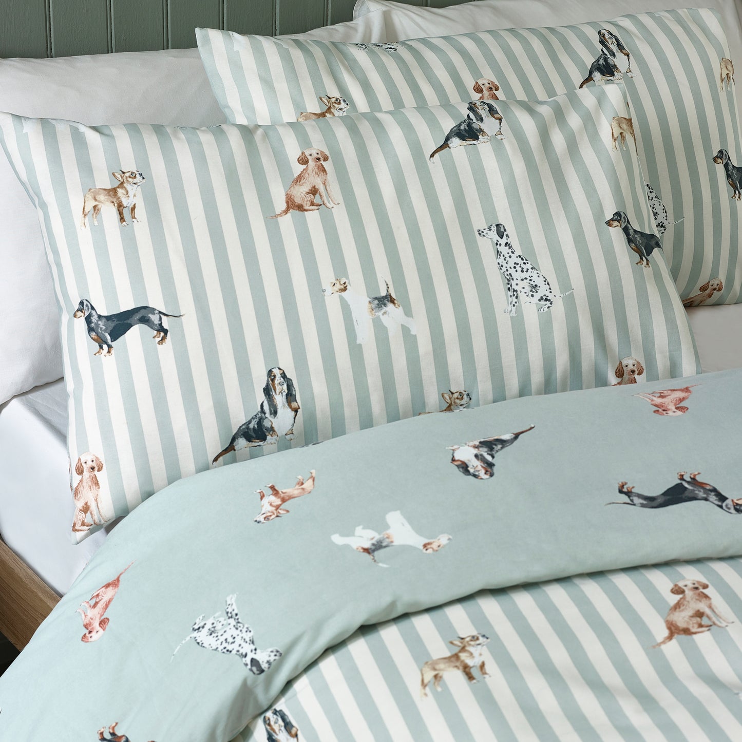 Catherine Lansfield Dog Stripe Duvet Cover Set - Green