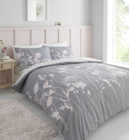 Catherine Lansfield Meadowsweet Floral Duvet Cover Set - Pink/Grey