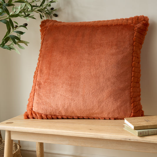 Catherine Lansfield Velvet And Faux Fur Filled Cushion - Burnt Orange