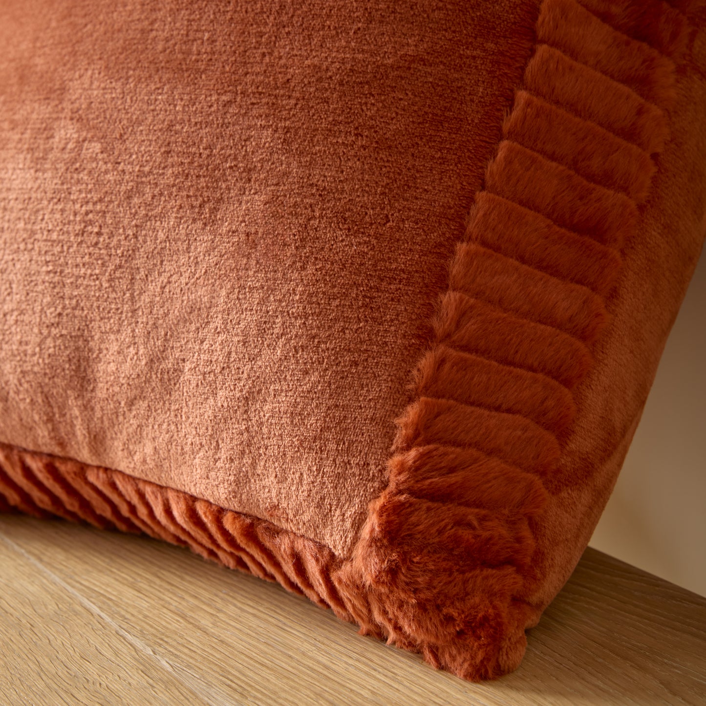Catherine Lansfield Velvet And Faux Fur Filled Cushion - Burnt Orange